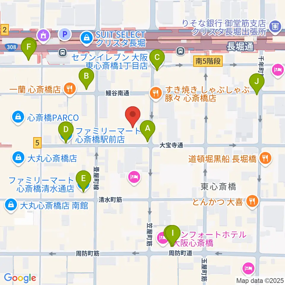 ベースオントップ東心斎橋店周辺のコンビニエンスストア一覧地図
