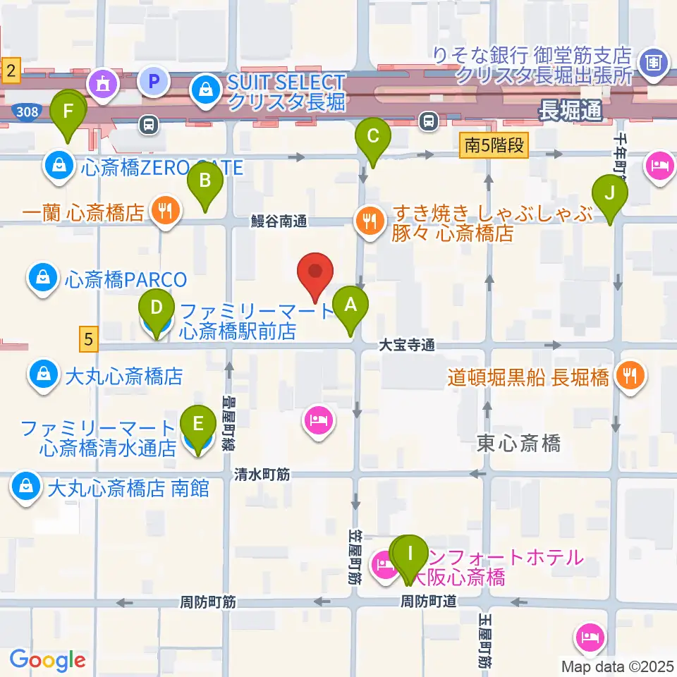 ベースオントップ東心斎橋店周辺のコンビニエンスストア一覧地図