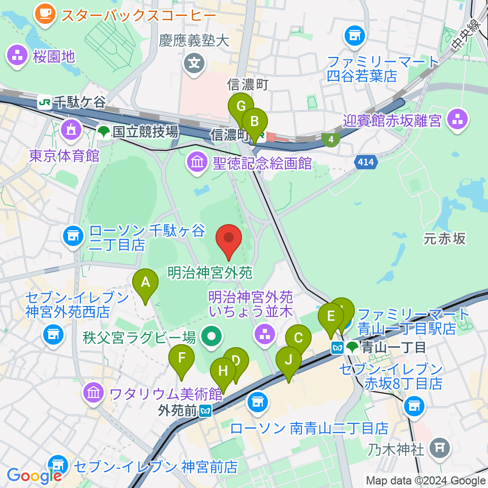 明治神宮外苑軟式球場周辺のコンビニエンスストア一覧地図