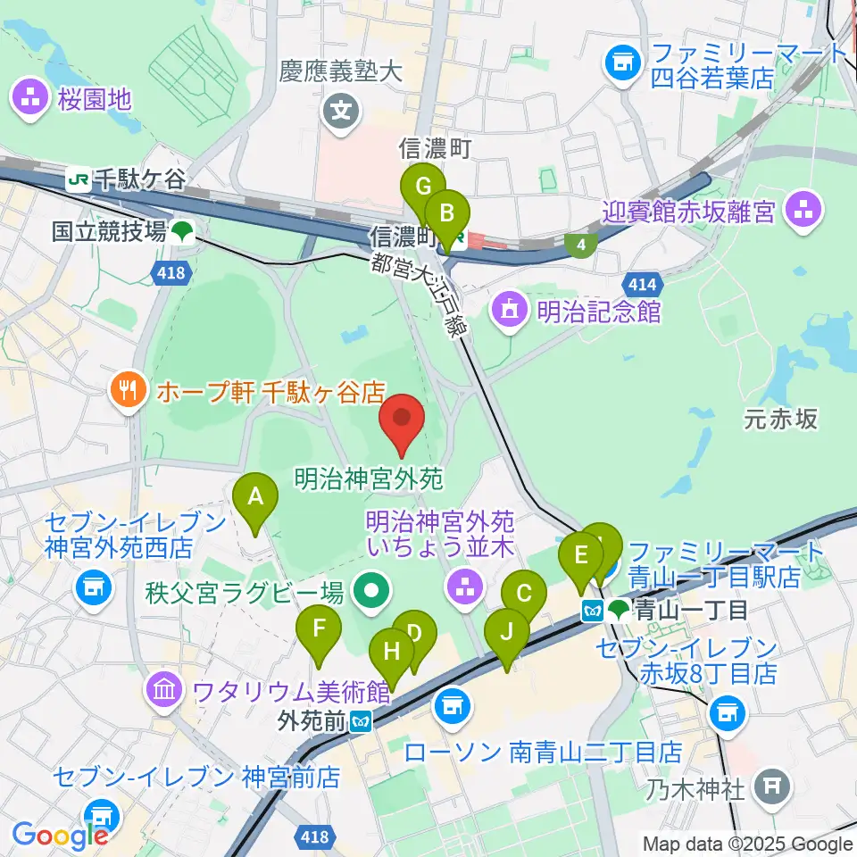 明治神宮外苑軟式球場周辺のコンビニエンスストア一覧地図