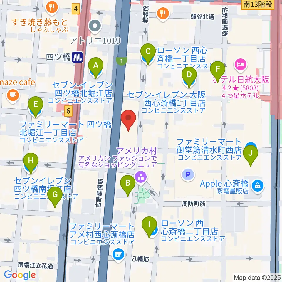 ベースオントップ アメ村店周辺のコンビニエンスストア一覧地図