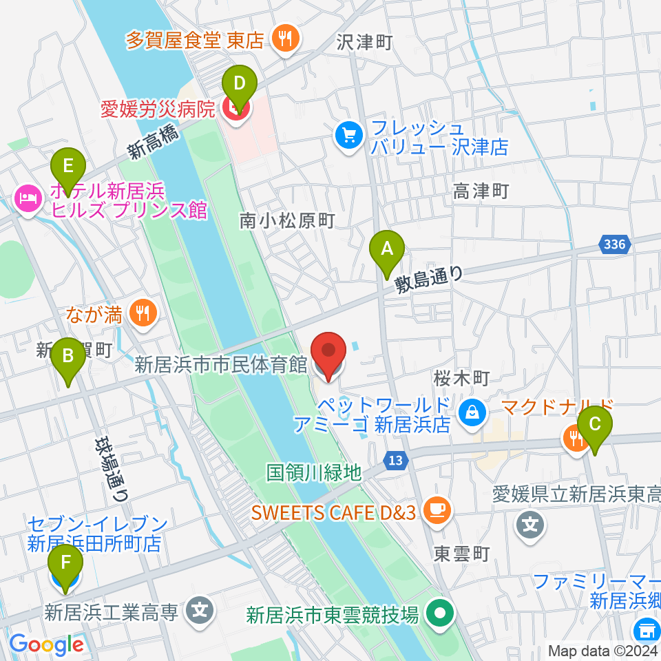 新居浜市市民体育館周辺のコンビニエンスストア一覧地図