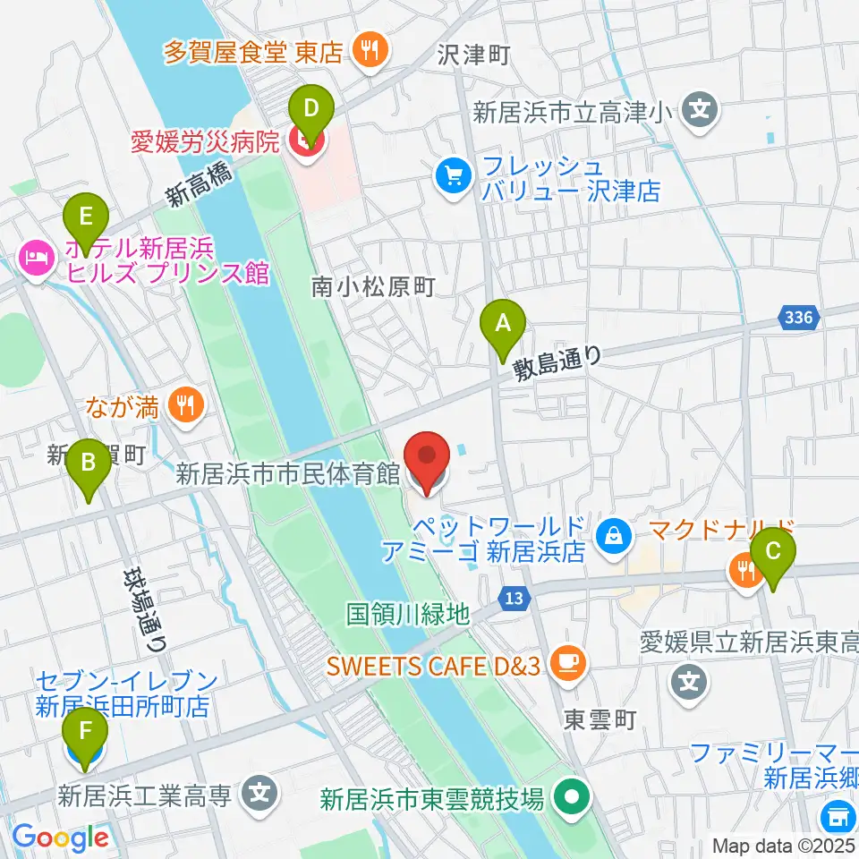 新居浜市市民体育館周辺のコンビニエンスストア一覧地図