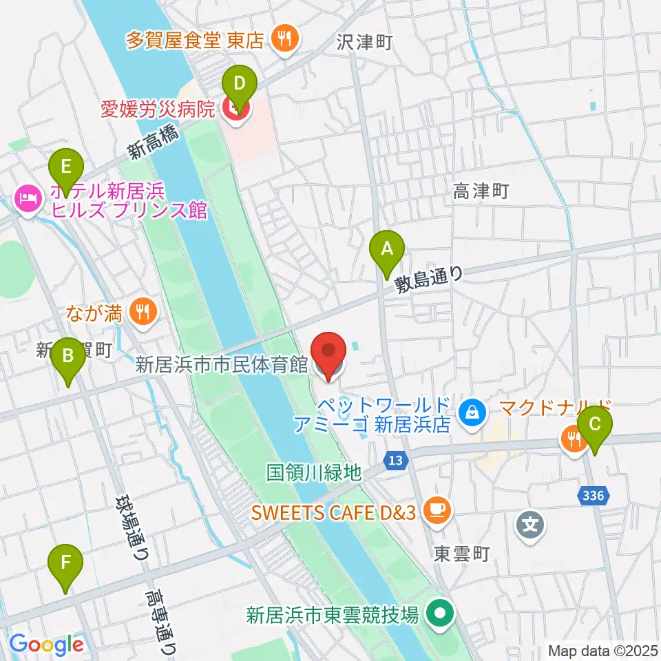新居浜市市民体育館周辺のコンビニエンスストア一覧地図
