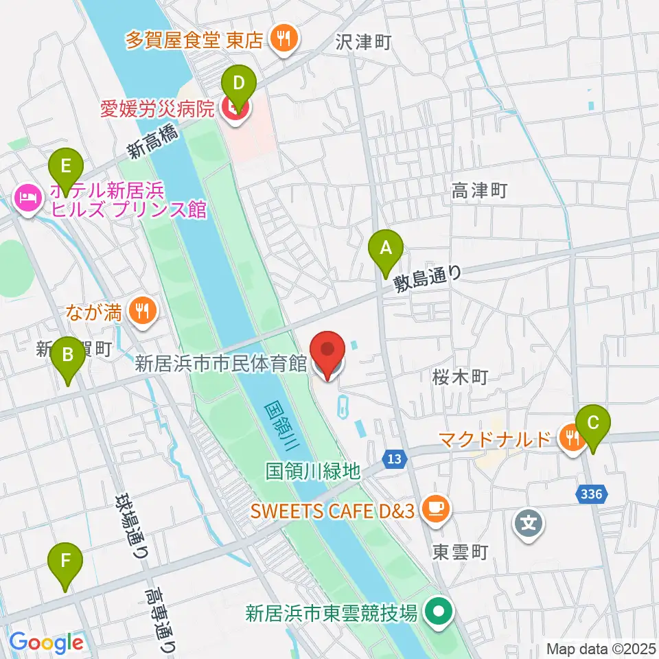 新居浜市市民体育館周辺のコンビニエンスストア一覧地図