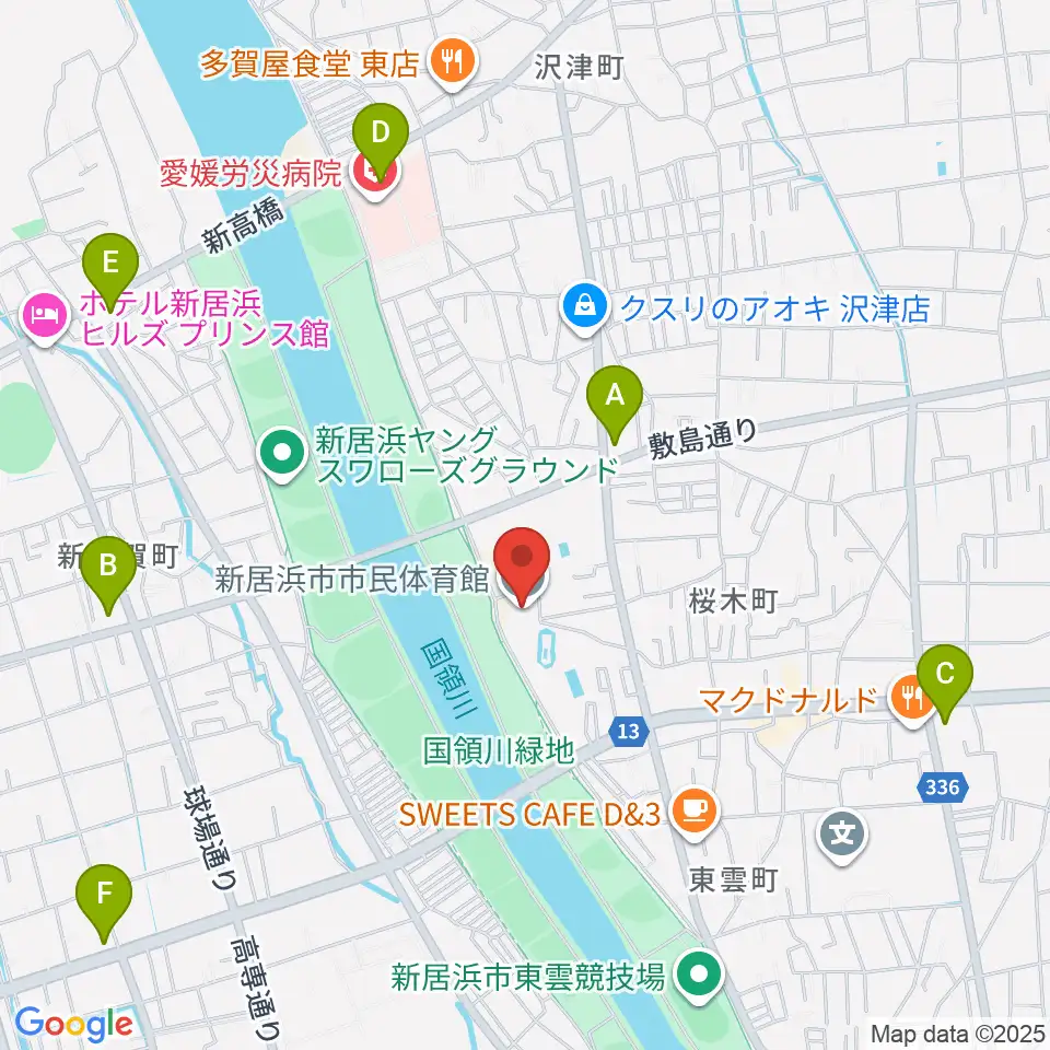 新居浜市市民体育館周辺のコンビニエンスストア一覧地図