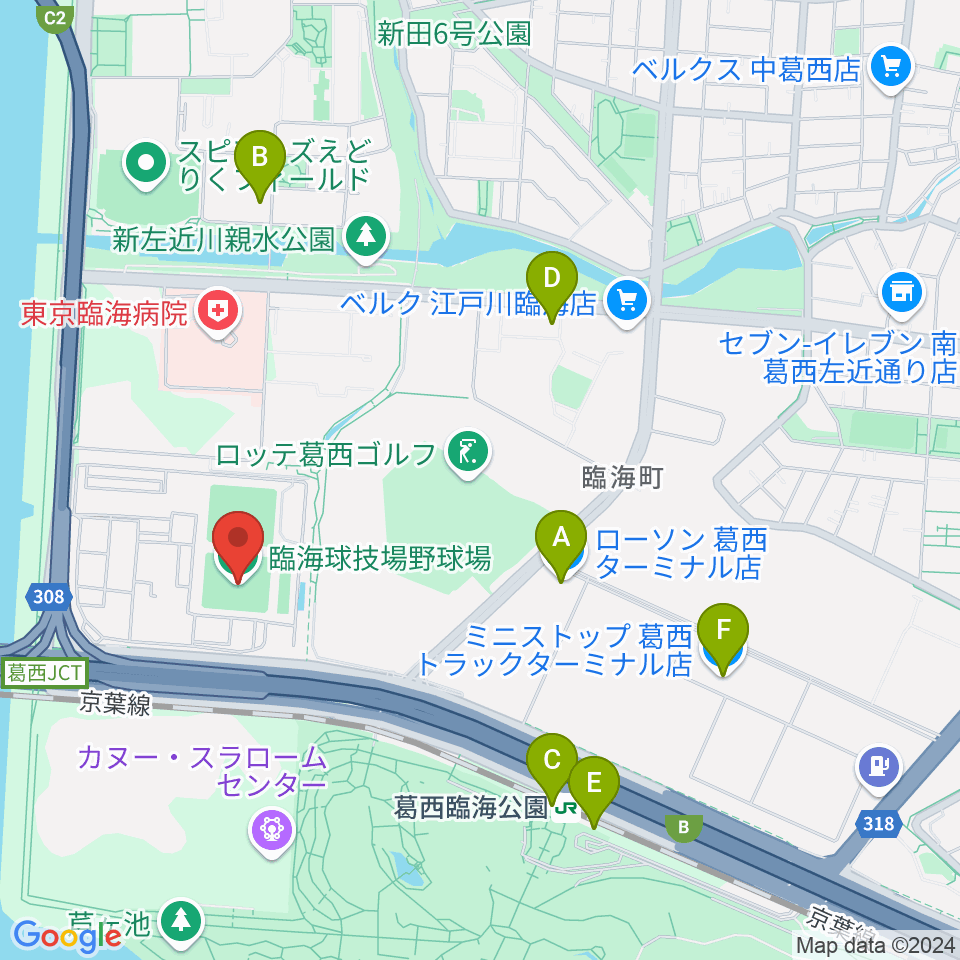 江戸川区臨海球技場野球場周辺のコンビニエンスストア一覧地図