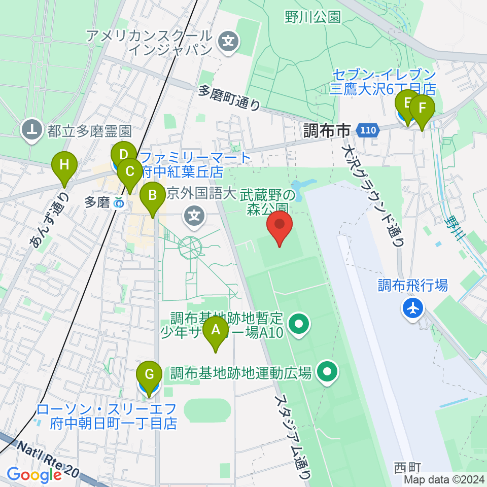 府中朝日フットボールパーク周辺のコンビニエンスストア一覧地図