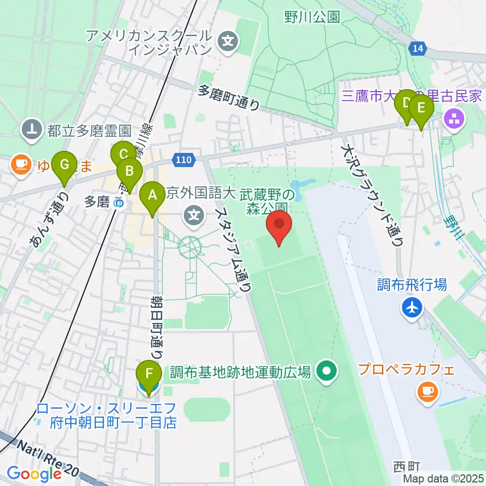 府中朝日フットボールパーク周辺のコンビニエンスストア一覧地図