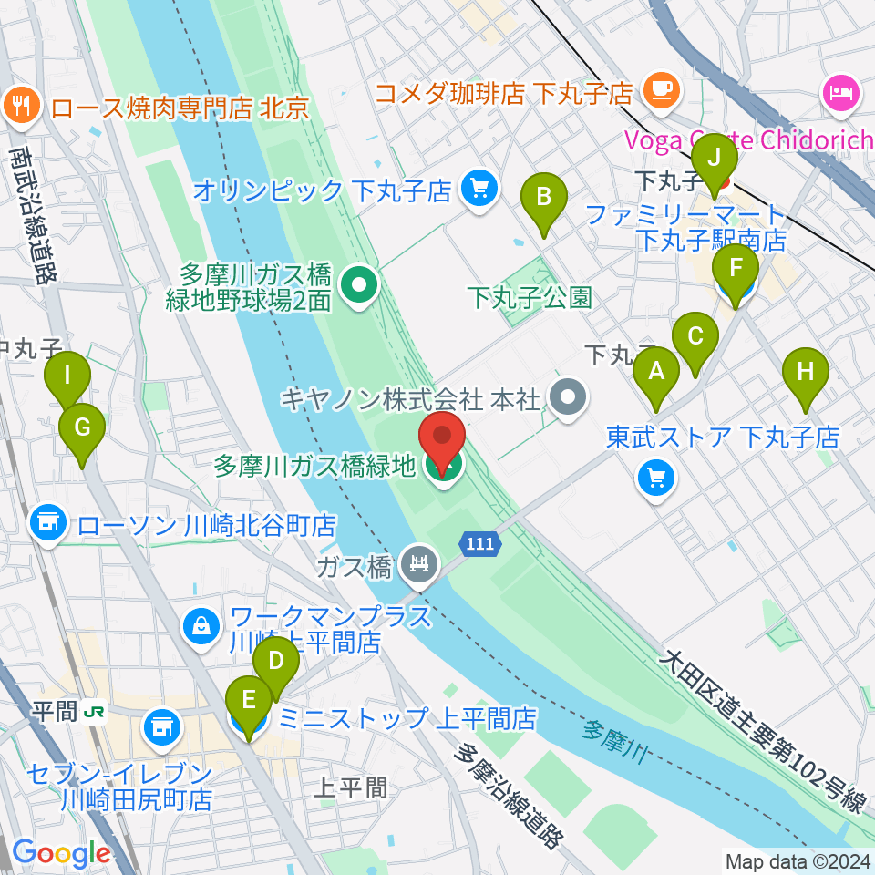 多摩川ガス橋緑地球技場周辺のコンビニエンスストア一覧地図