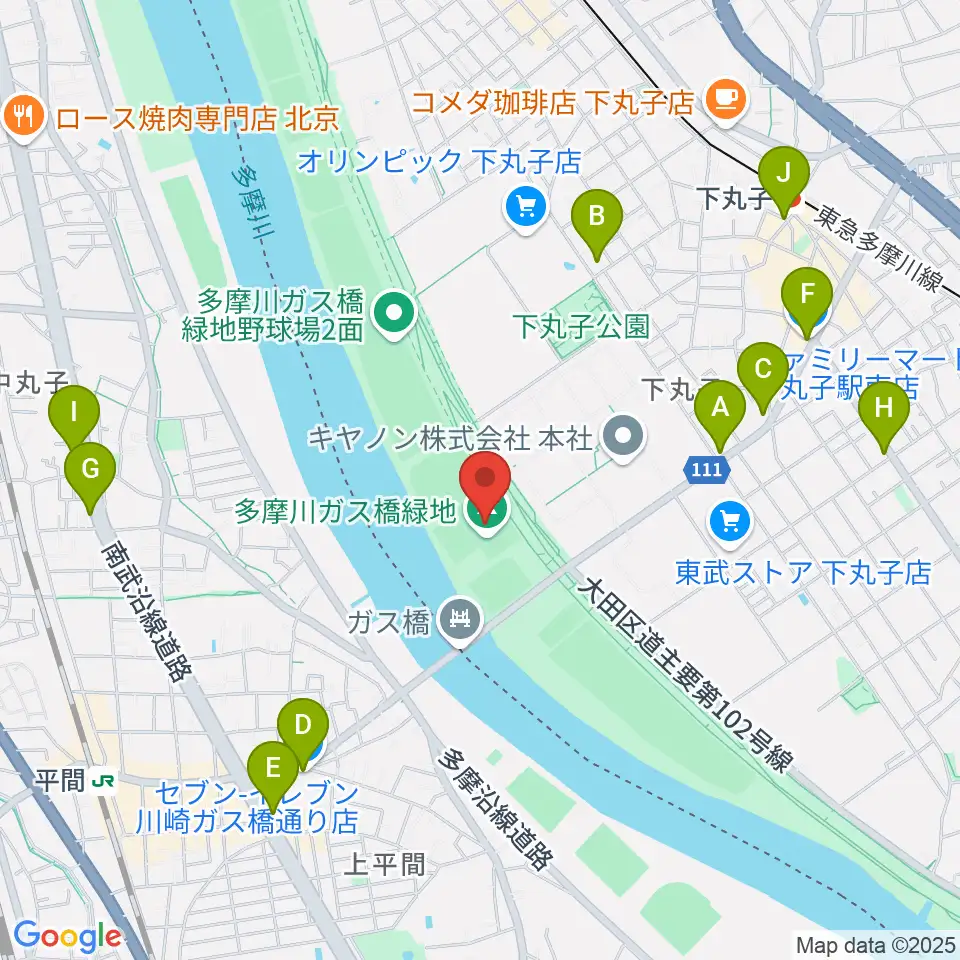 多摩川ガス橋緑地球技場周辺のコンビニエンスストア一覧地図