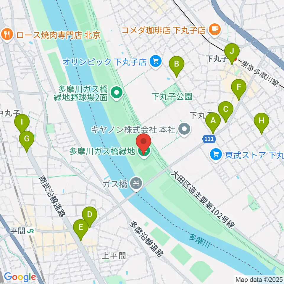 多摩川ガス橋緑地球技場周辺のコンビニエンスストア一覧地図