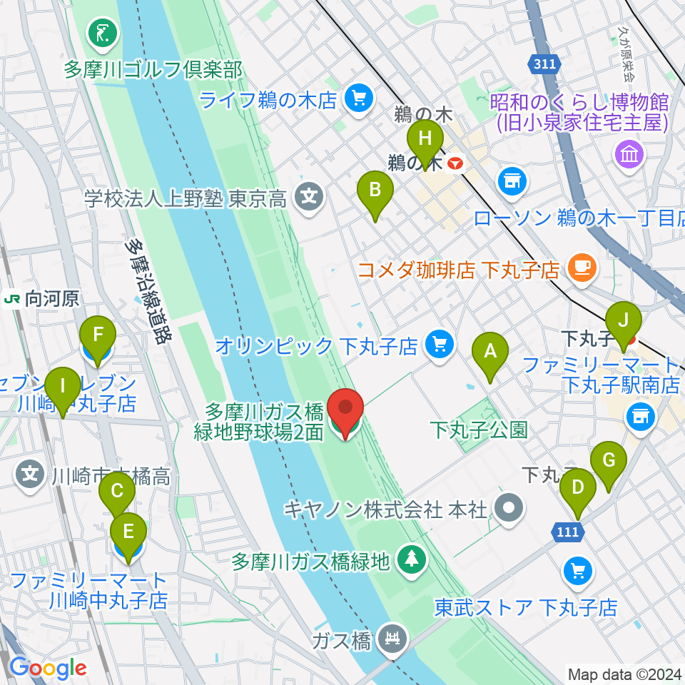 多摩川ガス橋緑地野球場周辺のコンビニエンスストア一覧地図