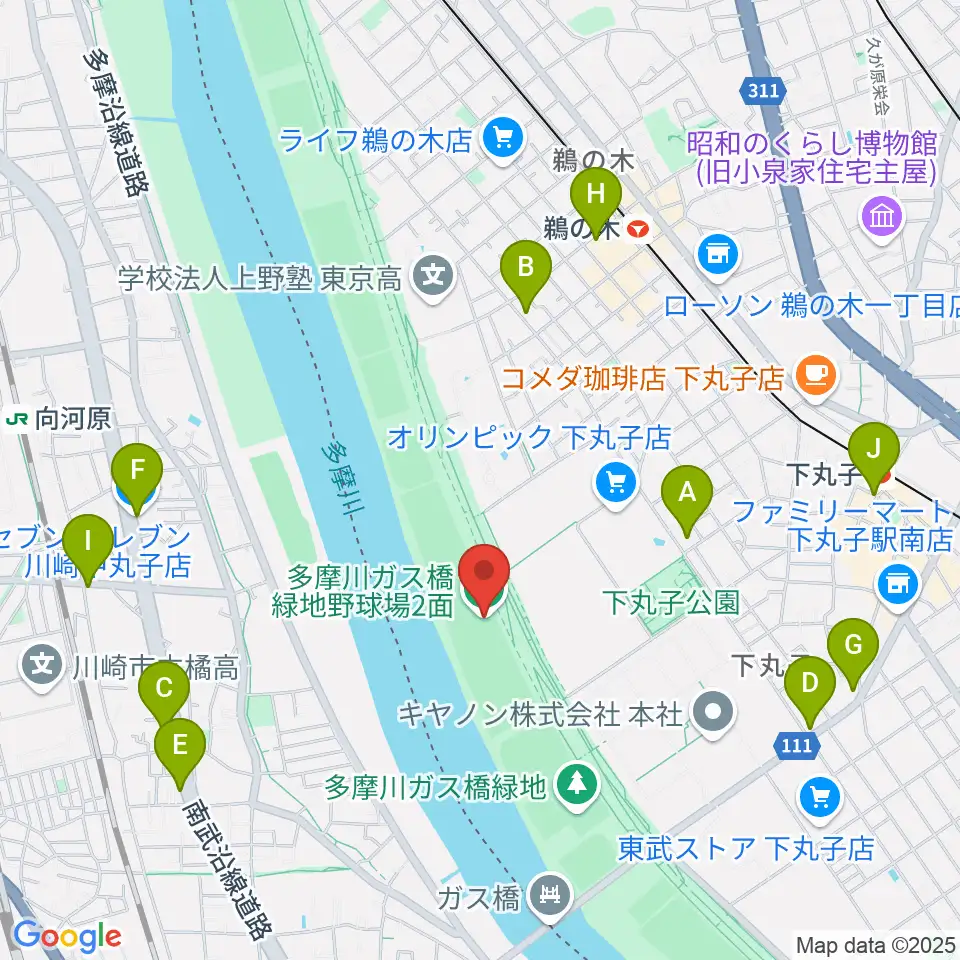 多摩川ガス橋緑地野球場周辺のコンビニエンスストア一覧地図