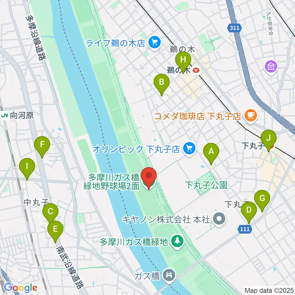 多摩川ガス橋緑地野球場周辺のコンビニエンスストア一覧地図