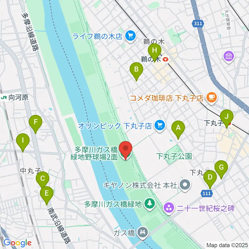 多摩川ガス橋緑地野球場周辺のコンビニエンスストア一覧地図