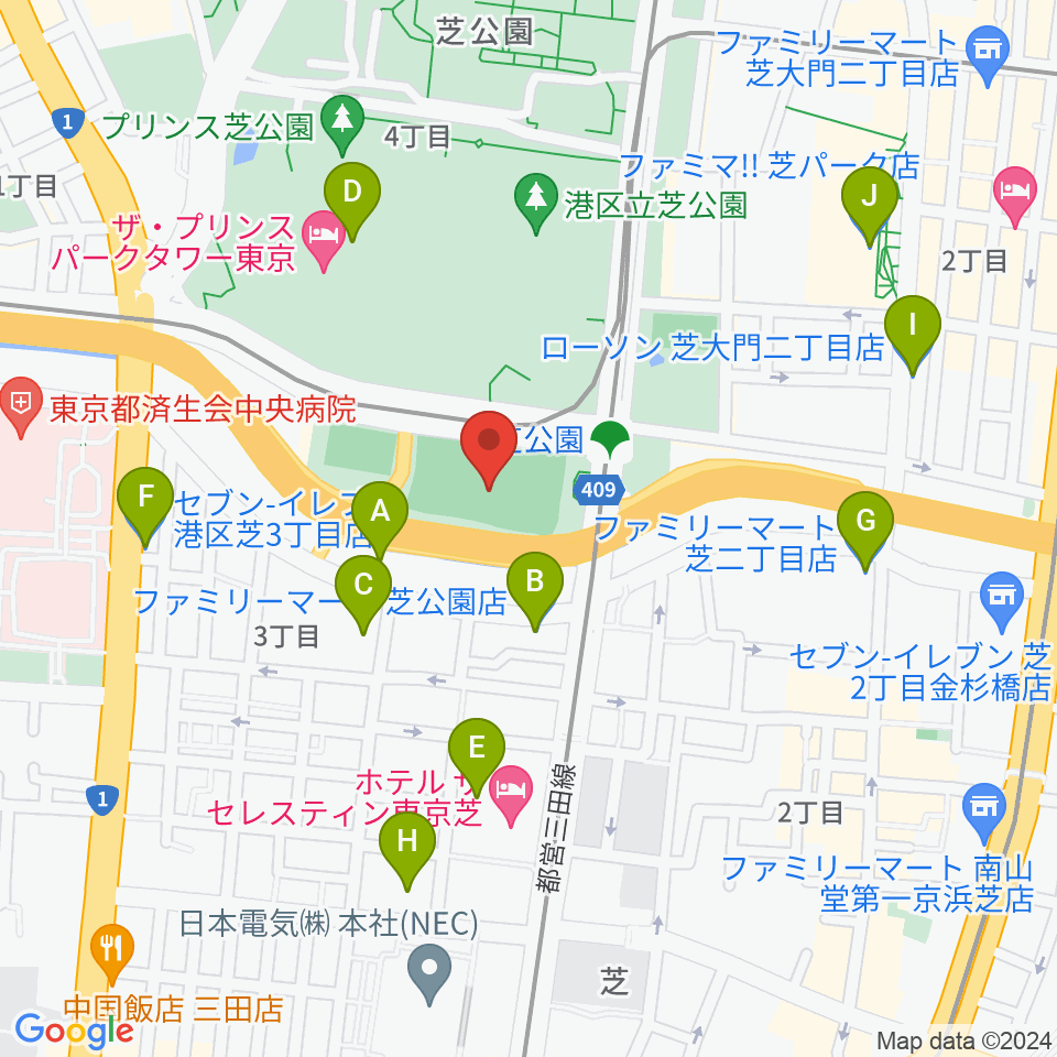 芝公園野球場周辺のコンビニエンスストア一覧地図