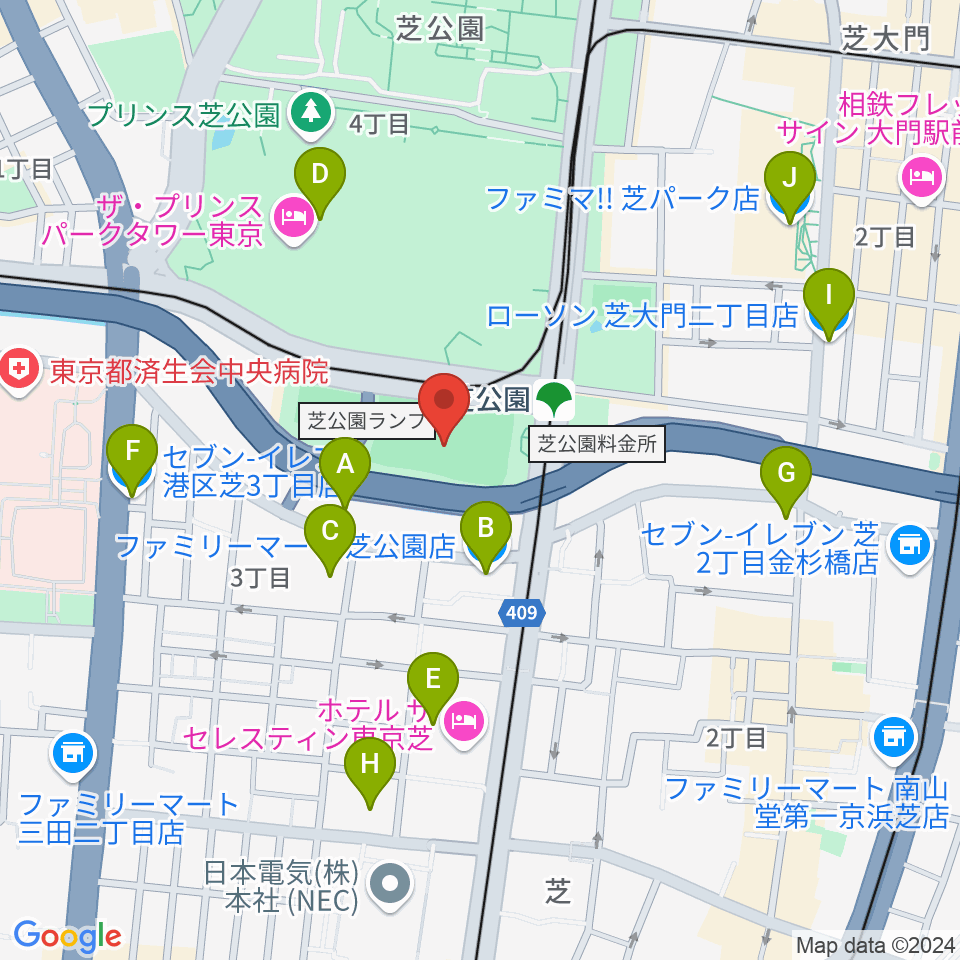 芝公園野球場周辺のコンビニエンスストア一覧地図