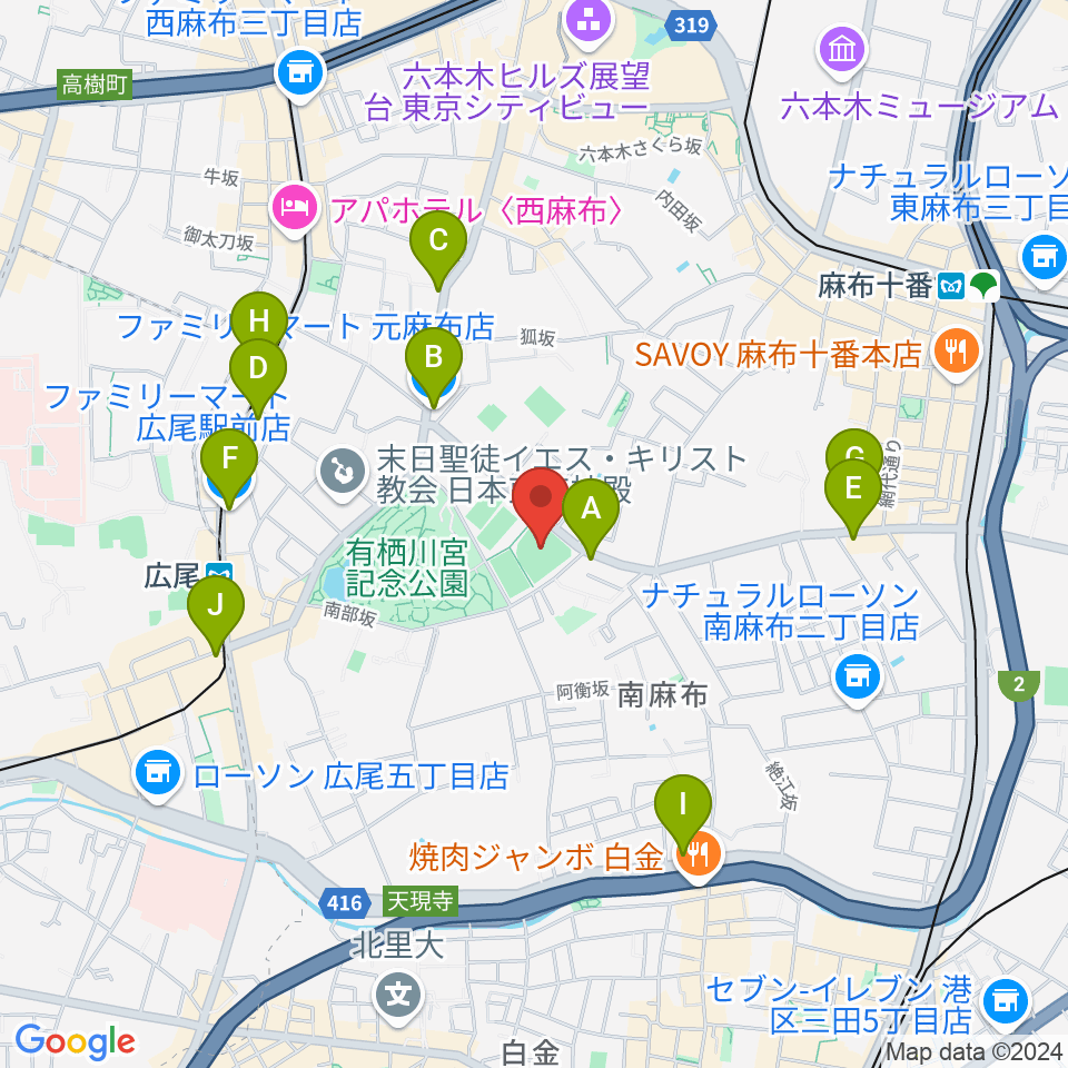 麻布運動場軟式野球場周辺のコンビニエンスストア一覧地図