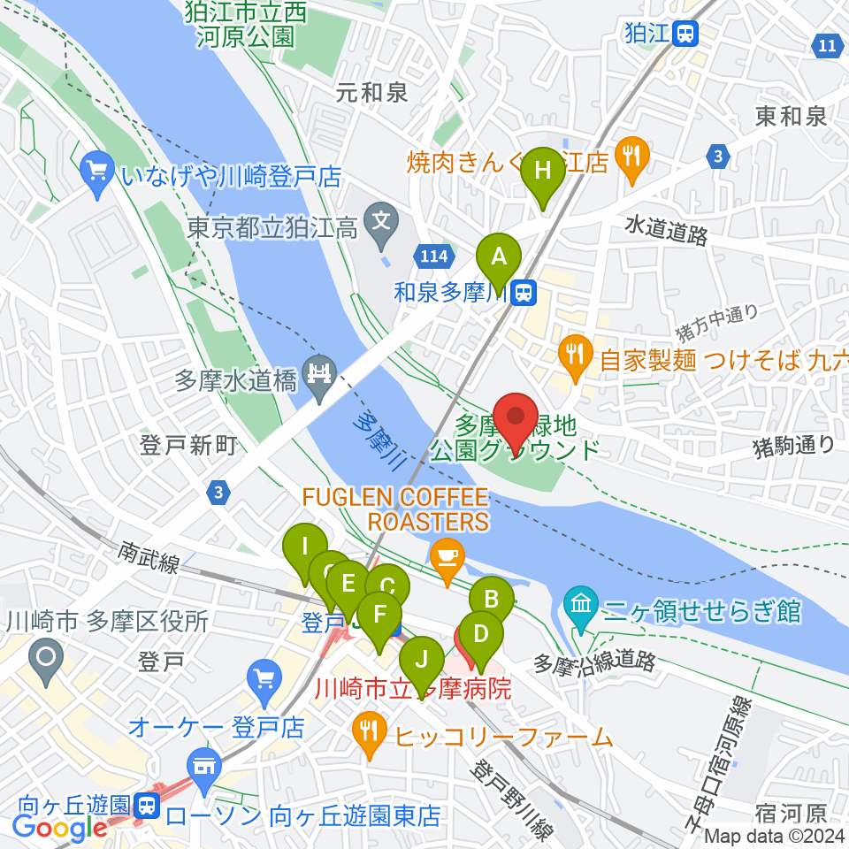 多摩川緑地公園グランド周辺のコンビニエンスストア一覧地図