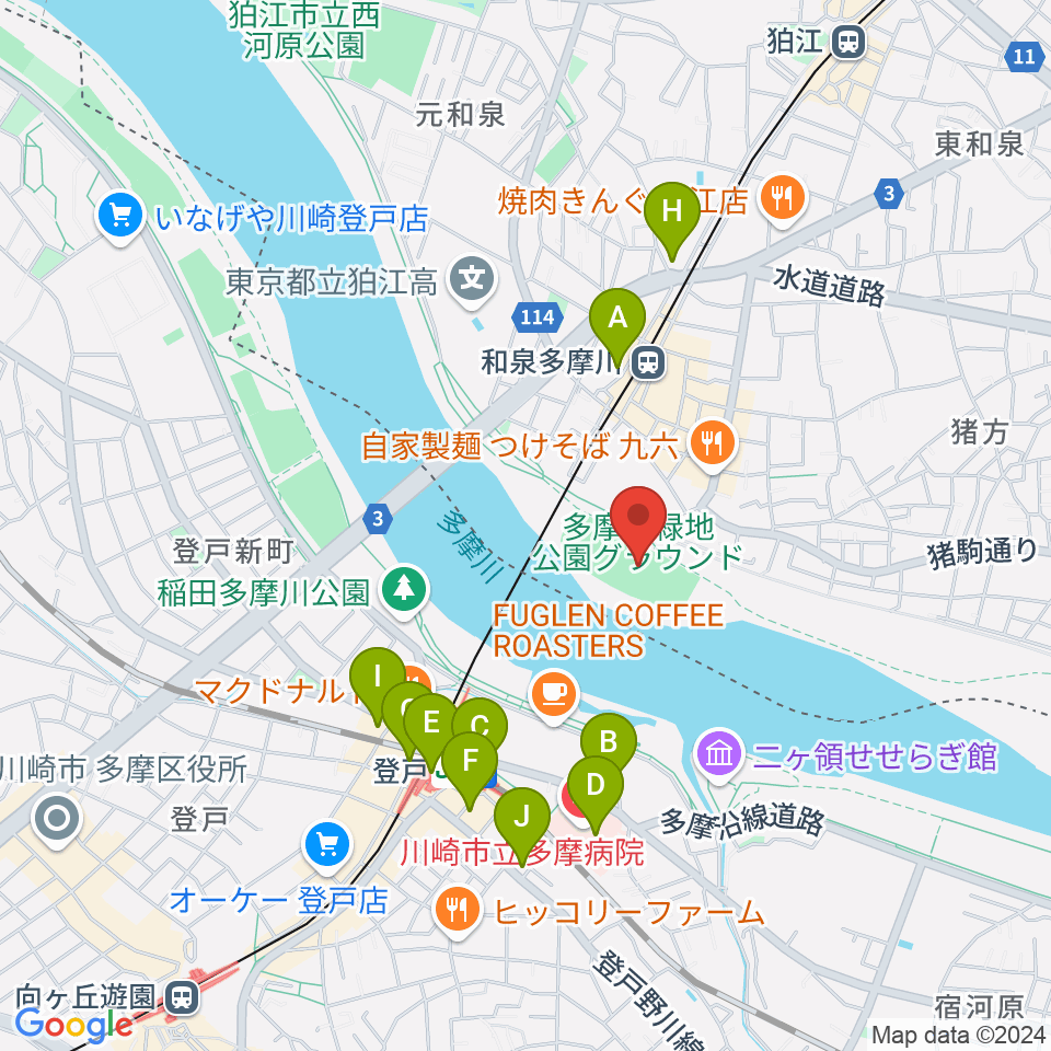 多摩川緑地公園グランド周辺のコンビニエンスストア一覧地図