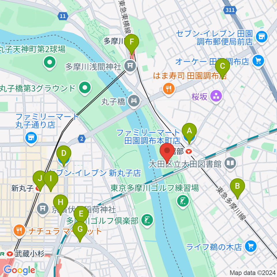 多摩川丸子橋緑地少年野球場周辺のコンビニエンスストア一覧地図