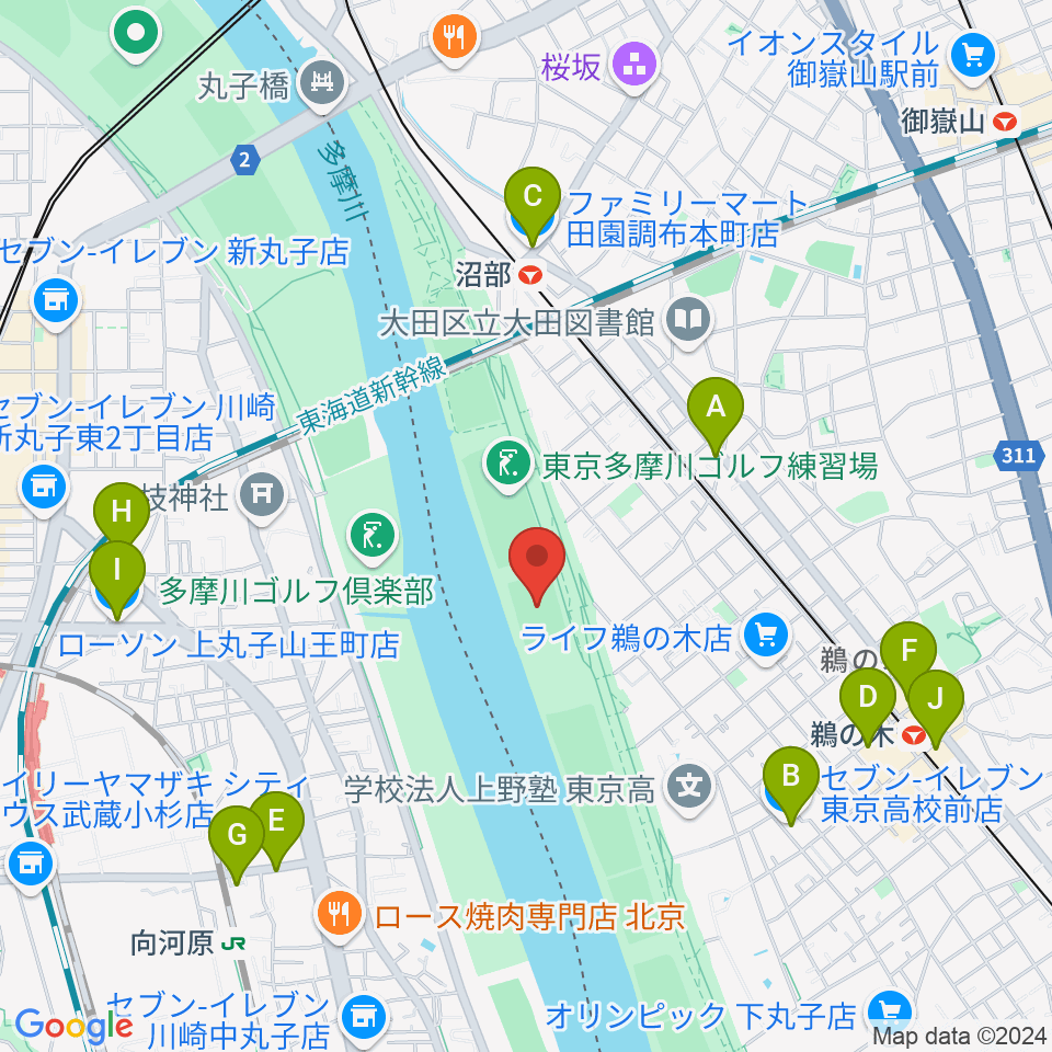 鵜の木緑地球技場周辺のコンビニエンスストア一覧地図