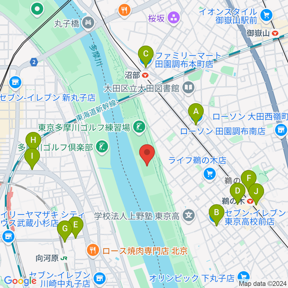 鵜の木緑地球技場周辺のコンビニエンスストア一覧地図