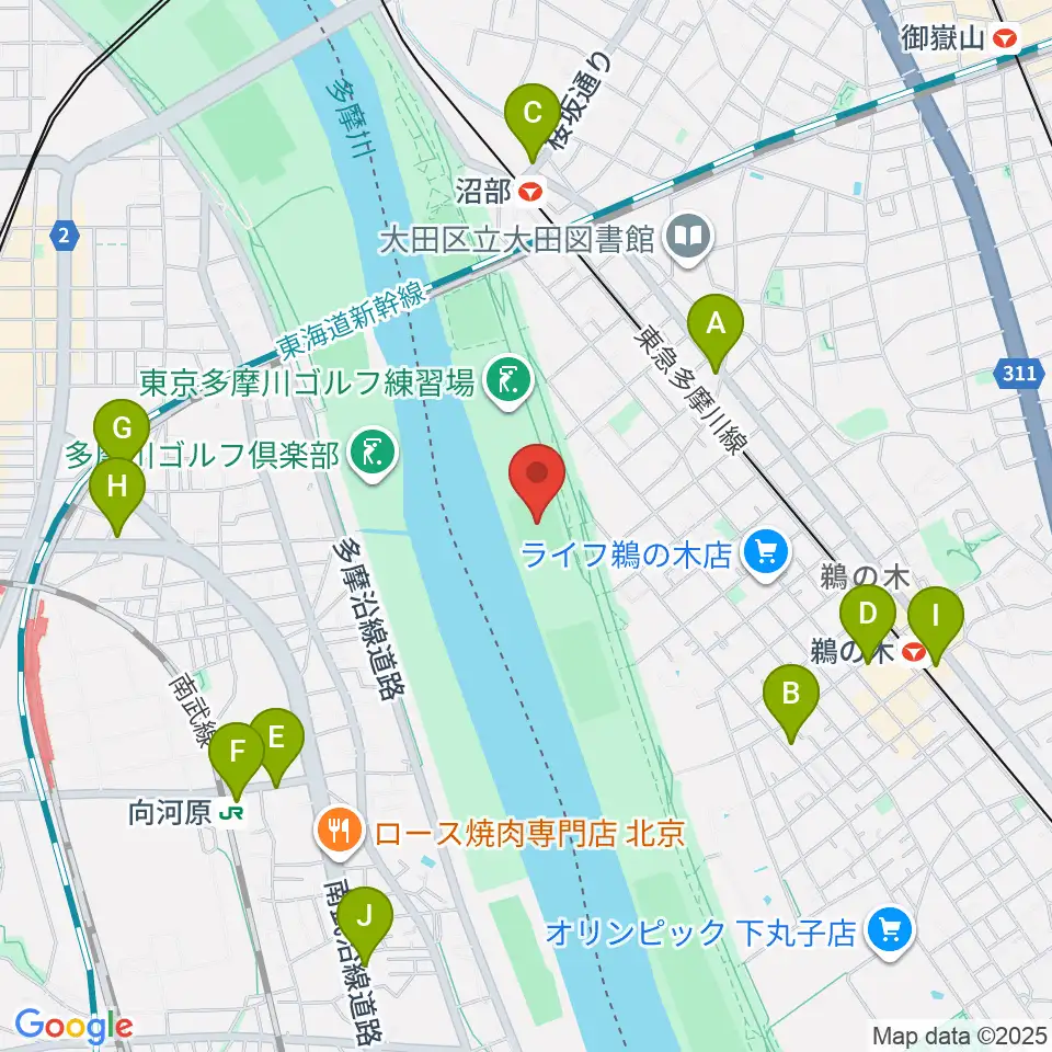鵜の木緑地球技場周辺のコンビニエンスストア一覧地図