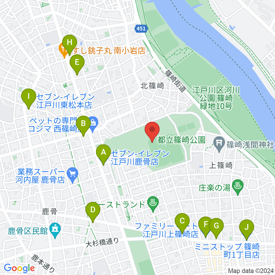 篠崎公園A地区野球場周辺のコンビニエンスストア一覧地図