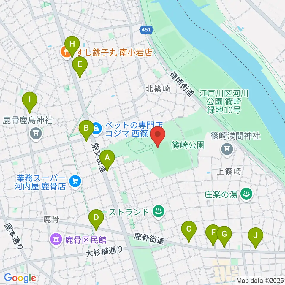 篠崎公園A地区野球場周辺のコンビニエンスストア一覧地図