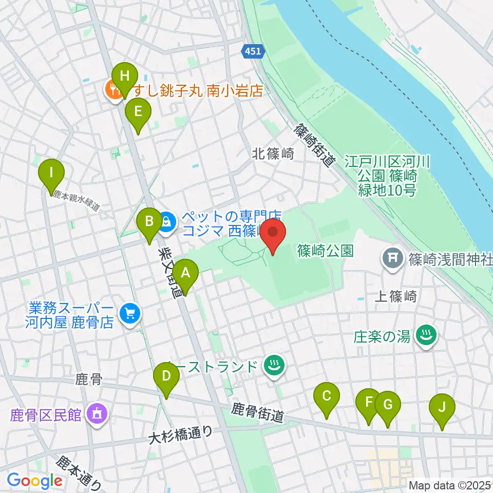 篠崎公園A地区野球場周辺のコンビニエンスストア一覧地図