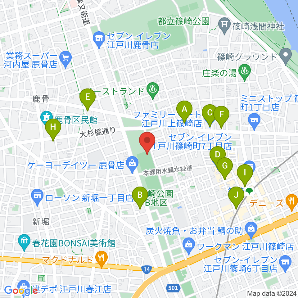 篠崎公園B地区鹿骨野球場周辺のコンビニエンスストア一覧地図