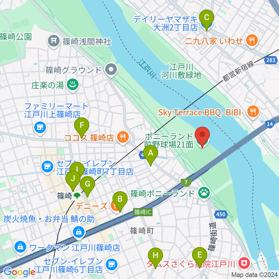 ポニーランド前野球場周辺のコンビニエンスストア一覧地図