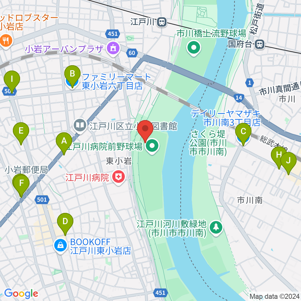 江戸川病院前野球場周辺のコンビニエンスストア一覧地図