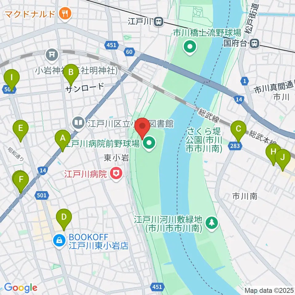 江戸川病院前野球場周辺のコンビニエンスストア一覧地図