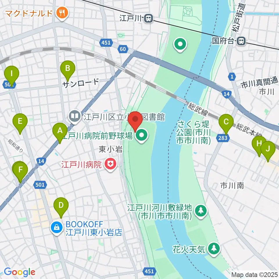 江戸川病院前野球場周辺のコンビニエンスストア一覧地図