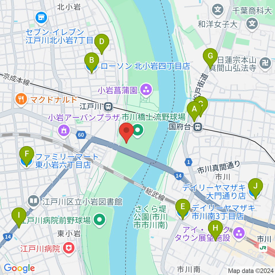 市川橋上流野球場周辺のコンビニエンスストア一覧地図