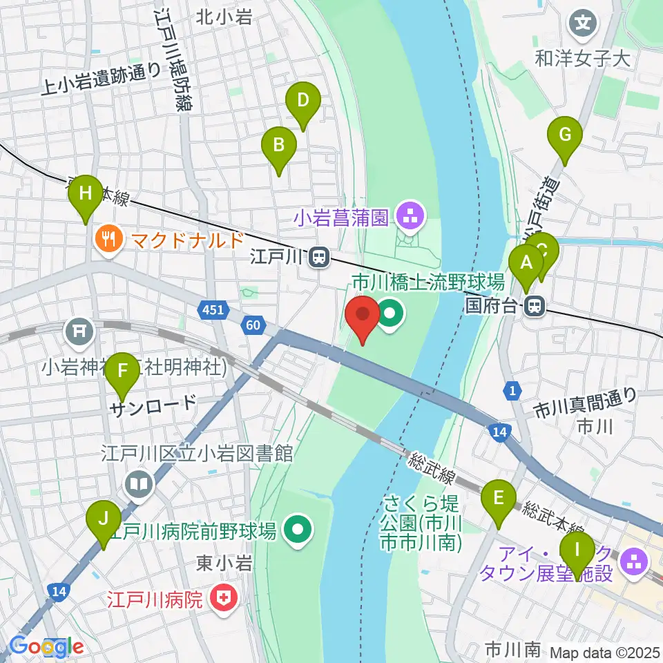 市川橋上流野球場周辺のコンビニエンスストア一覧地図