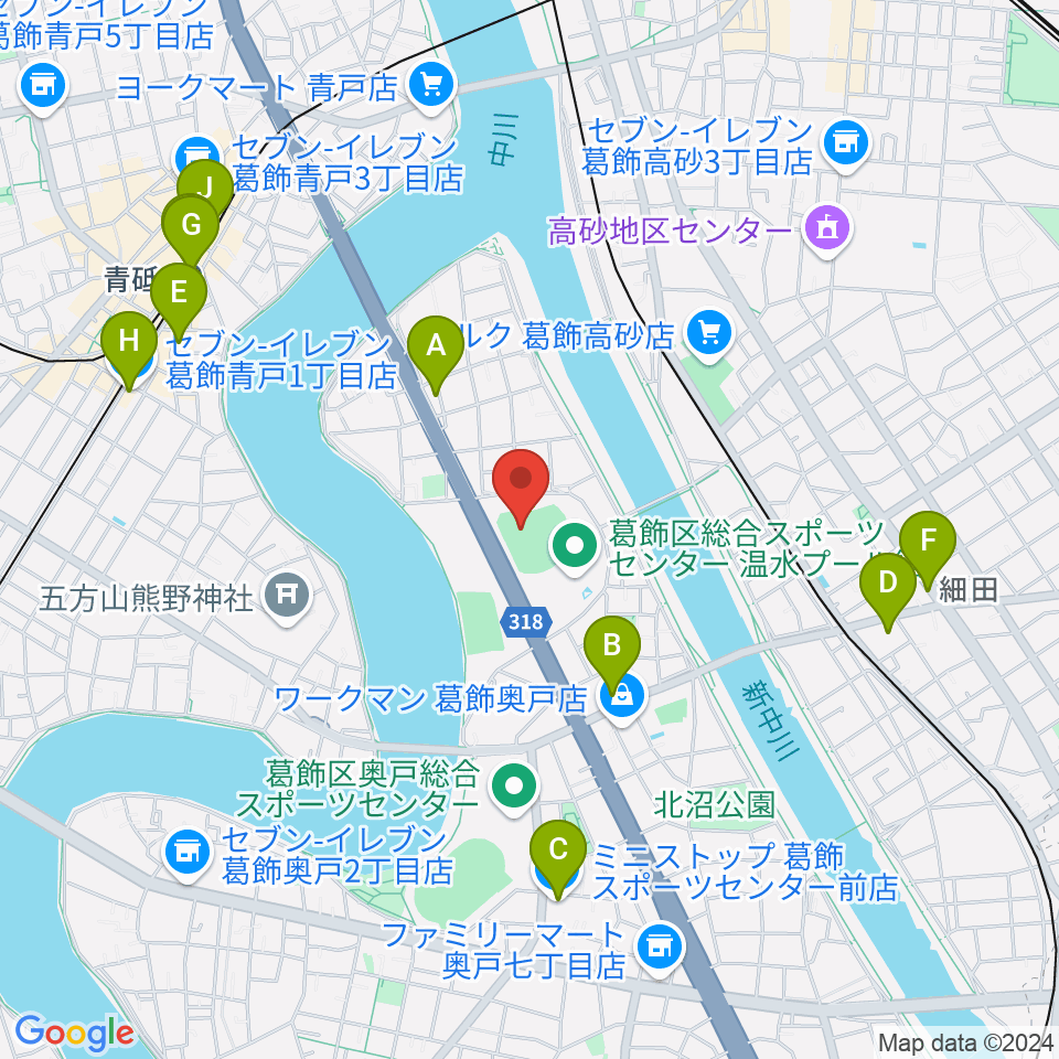 奥戸総合スポーツセンター野球場周辺のコンビニエンスストア一覧地図