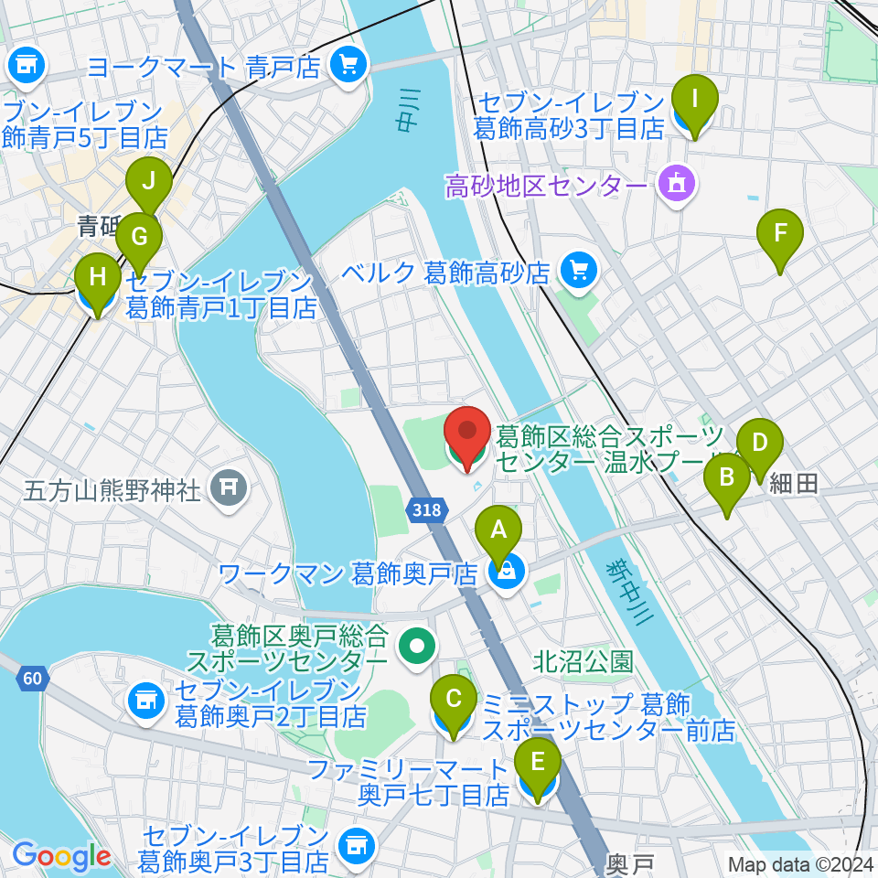 奥戸総合スポーツセンター温水プール館周辺のコンビニエンスストア一覧地図