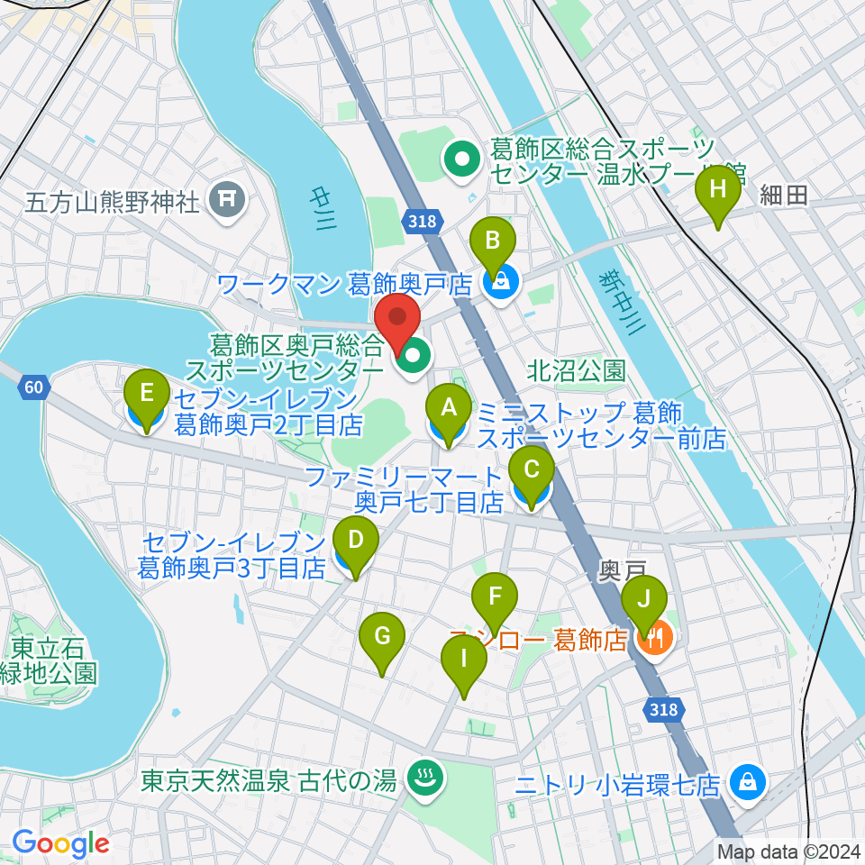 奥戸総合スポーツセンター体育館周辺のコンビニエンスストア一覧地図