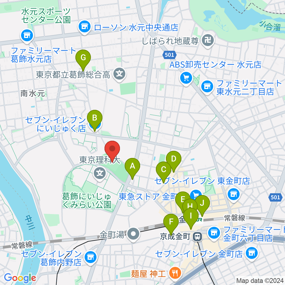 葛飾にいじゅくみらい公園運動場周辺のコンビニエンスストア一覧地図