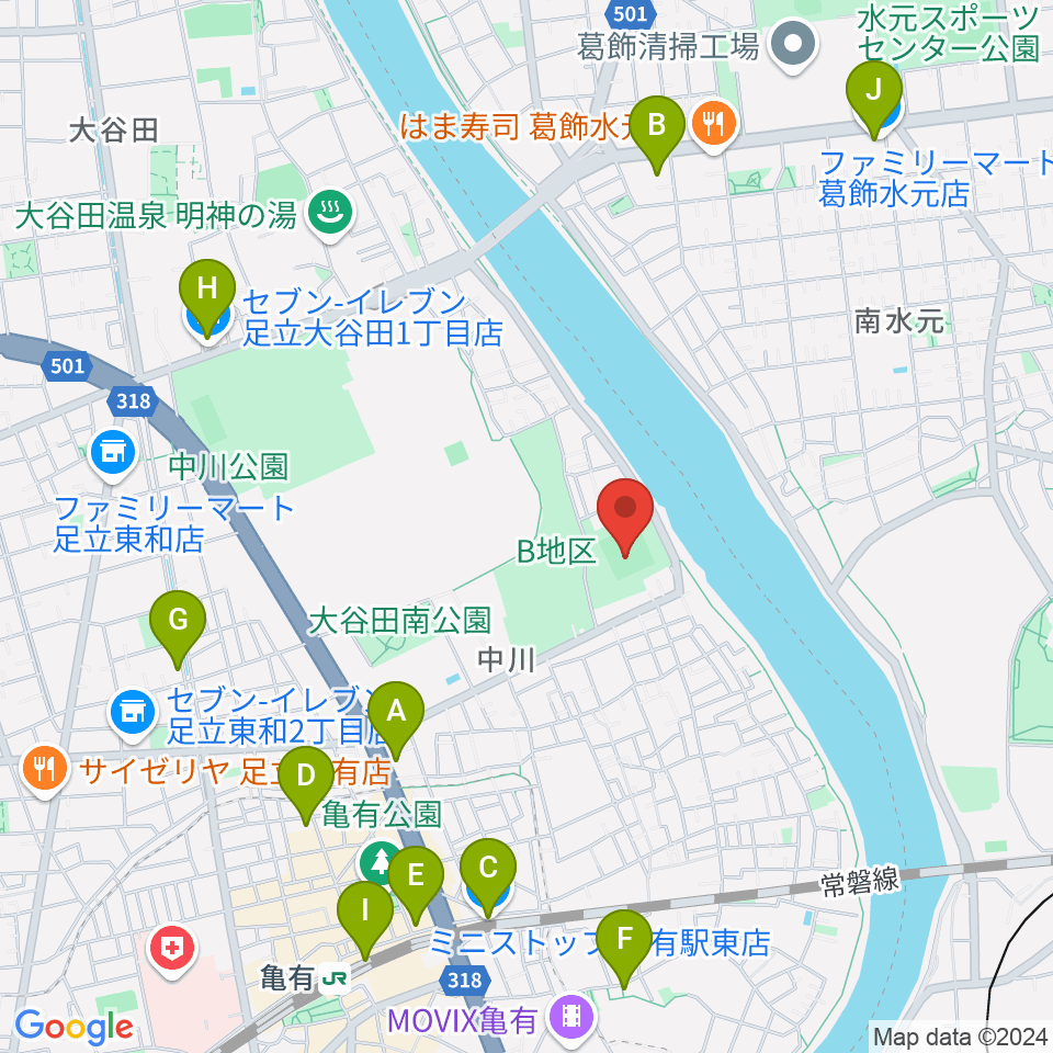 中川公園野球場周辺のコンビニエンスストア一覧地図