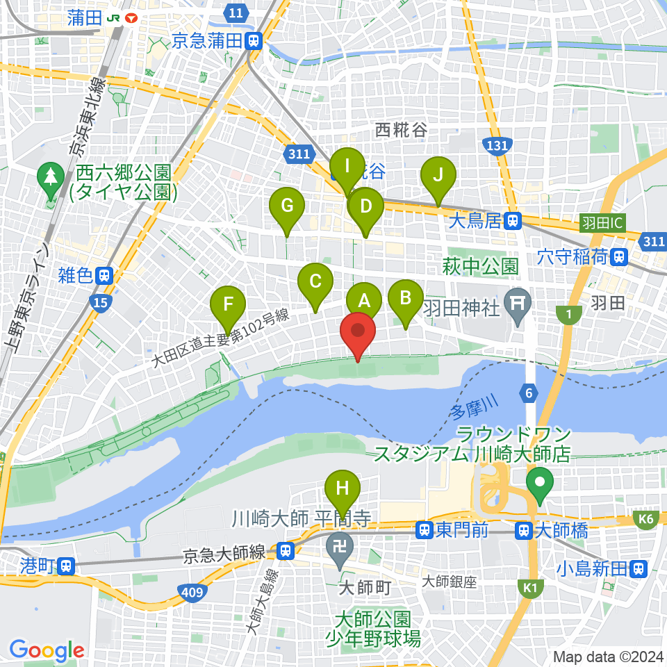 多摩川大師橋緑地野球場周辺のコンビニエンスストア一覧地図