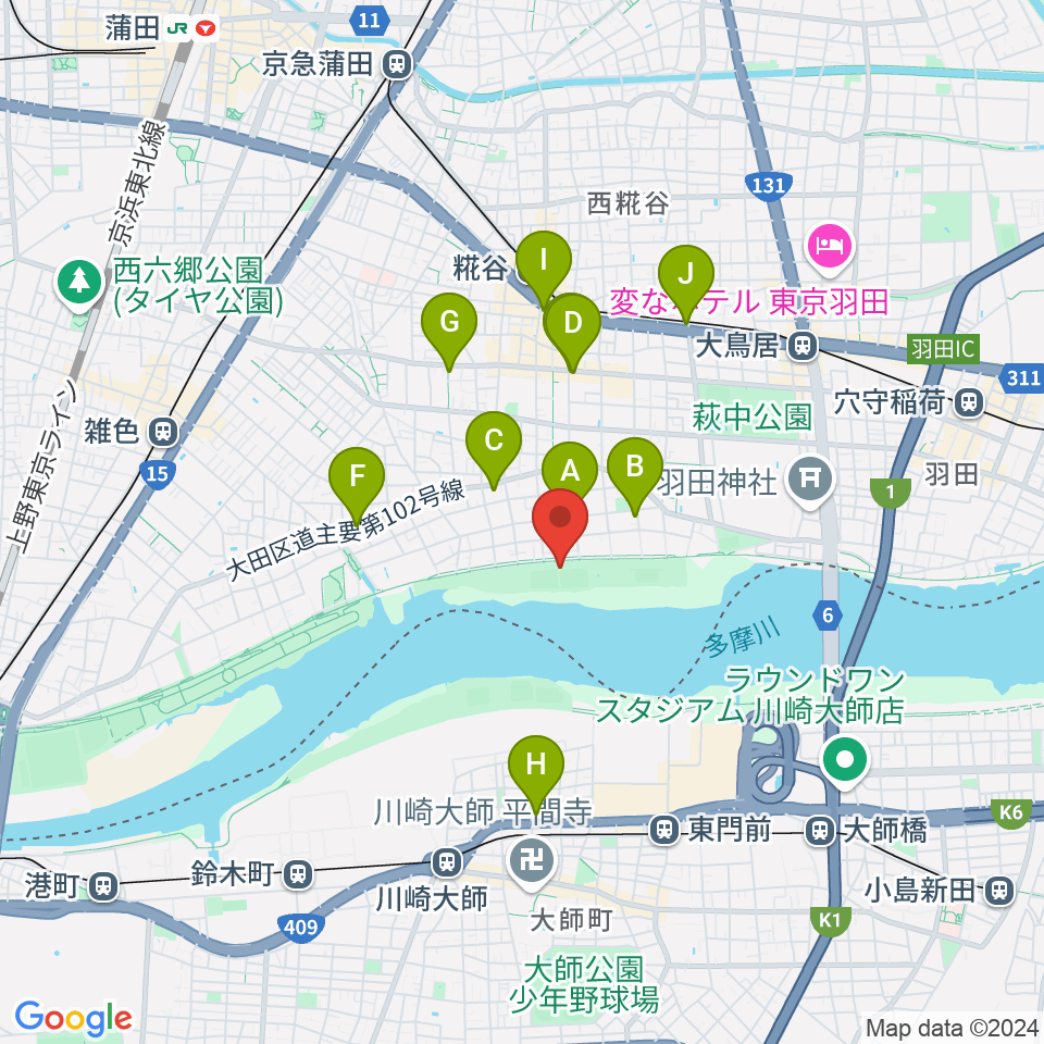 多摩川大師橋緑地野球場周辺のコンビニエンスストア一覧地図