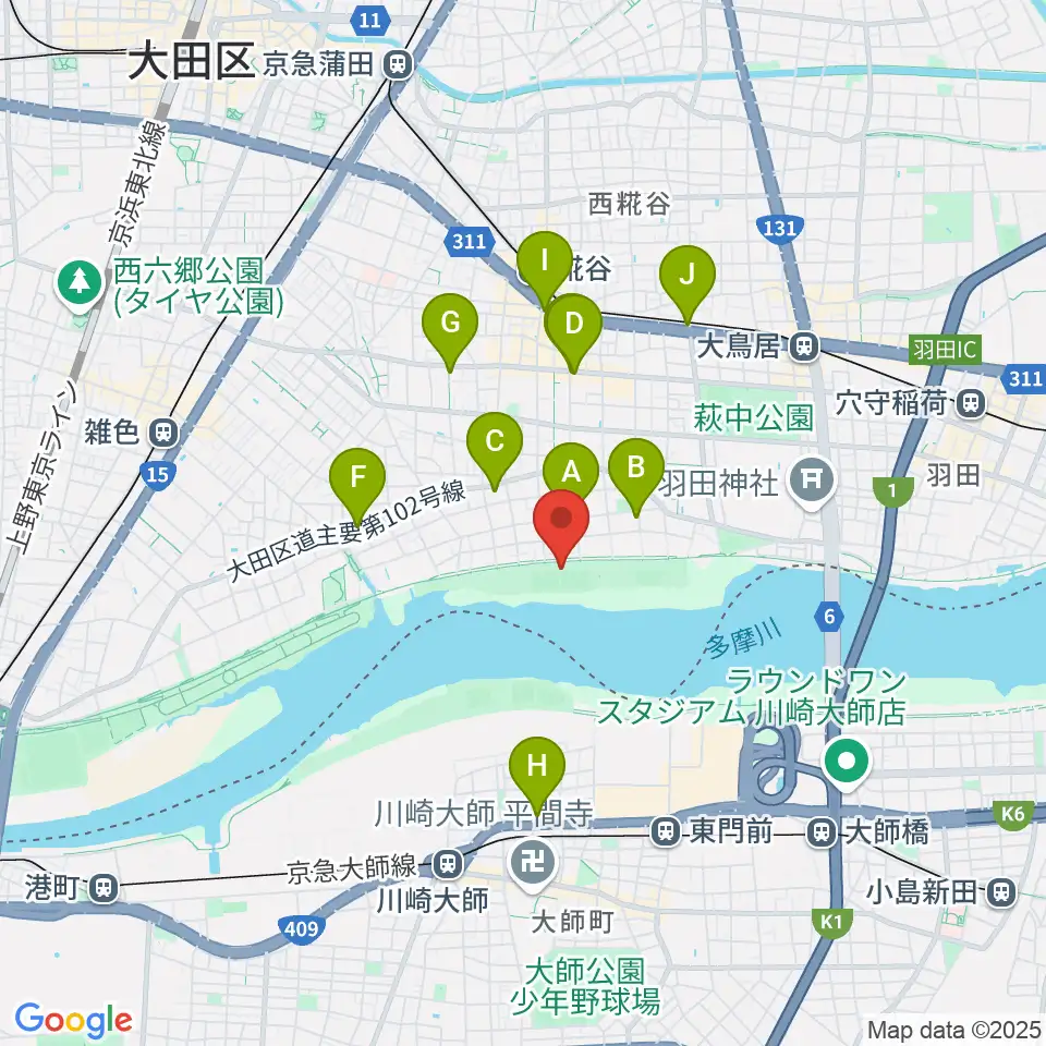 多摩川大師橋緑地野球場周辺のコンビニエンスストア一覧地図