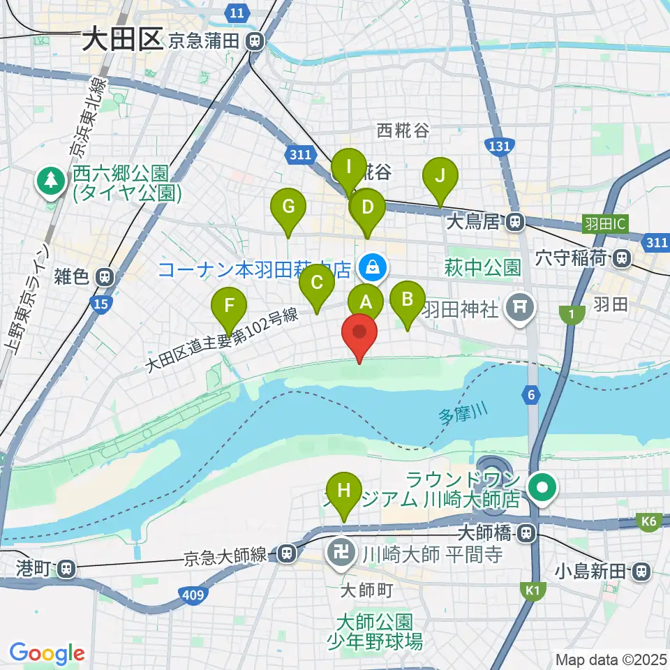 多摩川大師橋緑地野球場周辺のコンビニエンスストア一覧地図
