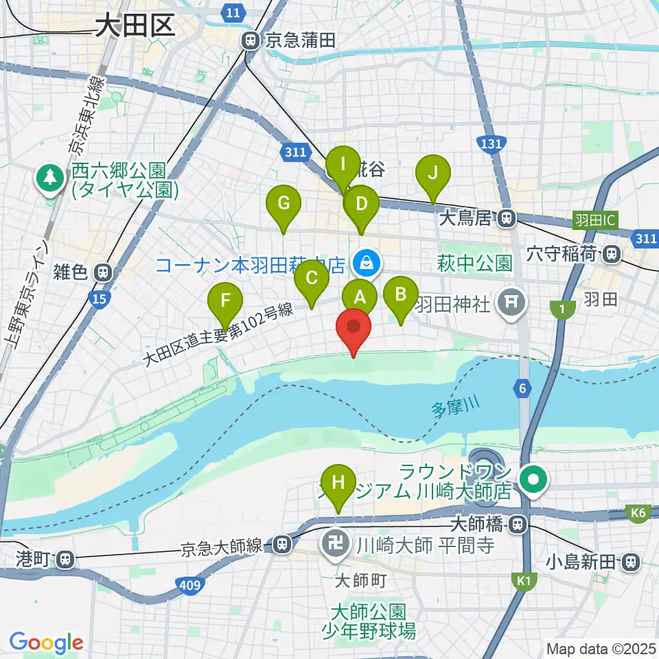 多摩川大師橋緑地野球場周辺のコンビニエンスストア一覧地図