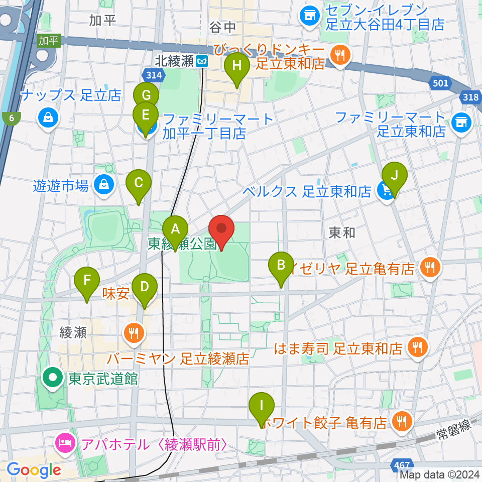 東綾瀬公園野球場周辺のコンビニエンスストア一覧地図